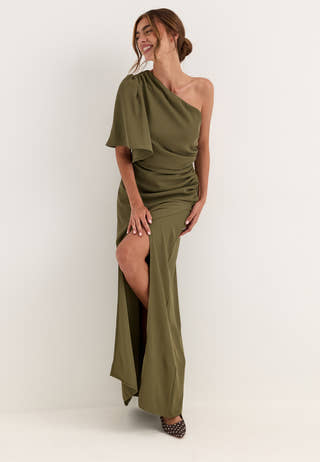 Ruched One Shoulder Gown Green