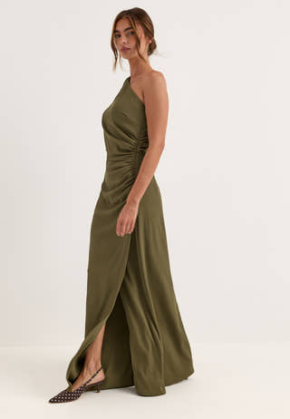 Ruched One Shoulder Gown Green
