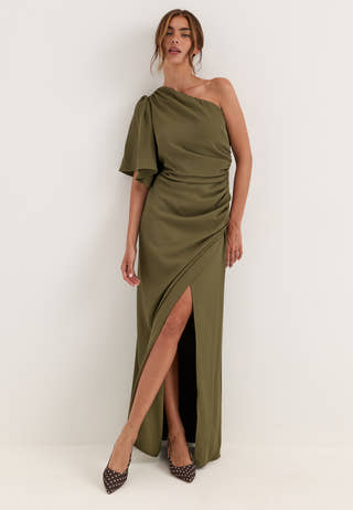 Ruched One Shoulder Gown Green