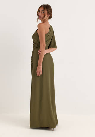 Ruched One Shoulder Gown Green
