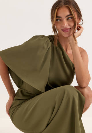 Ruched One Shoulder Gown Green
