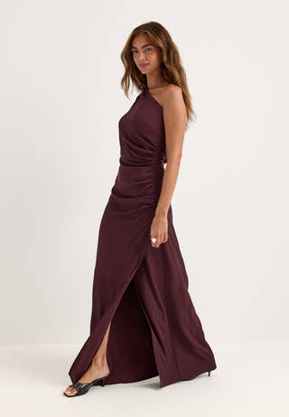 Ruched One Shoulder Gown Red