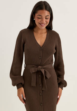 Rib Knitted Cardigan Dress Brown