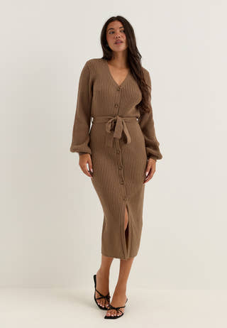 Rib Knitted Cardigan Dress Brown