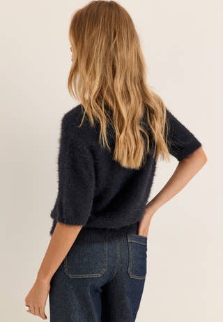 Short Sleeve Fluffy Knitted Cardigan Blue