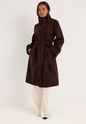 High Neck Midi Coat Brown