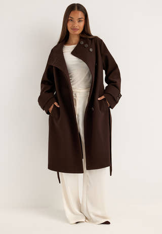 High Neck Midi Coat Brown