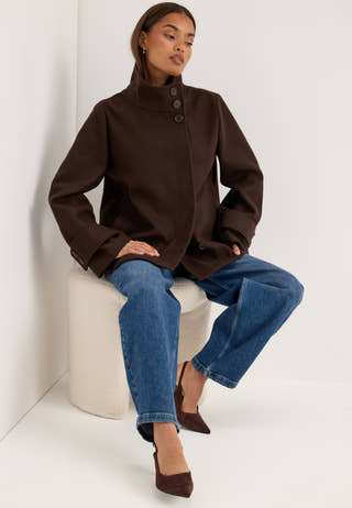 High Neck Short Coat Brown