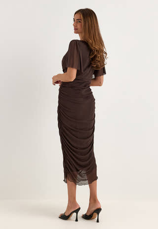 Butterfly Sleeve Mesh Ankle Dress Brown