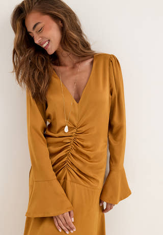 Ruched Front Midi Dress Yellow