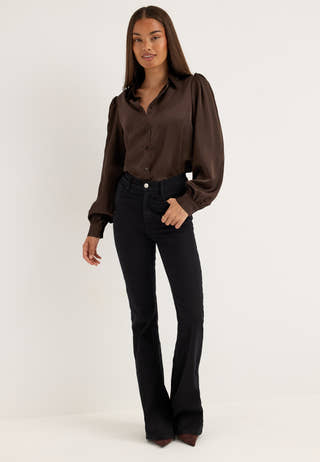 Puff Sleeve Satin Shirt Brown