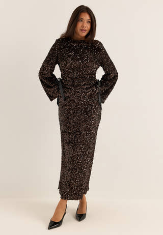 Straight Ankle Sequin Skirt Brown