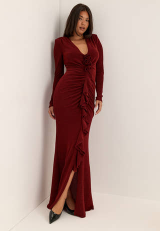 Sparkling Low V-neck Slit Gown Red