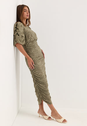 Ruched Puff Sleeve Dress Green