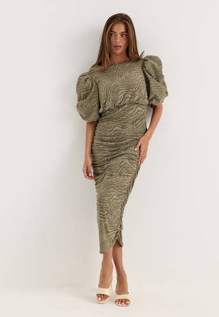Ruched Puff Sleeve Dress Green