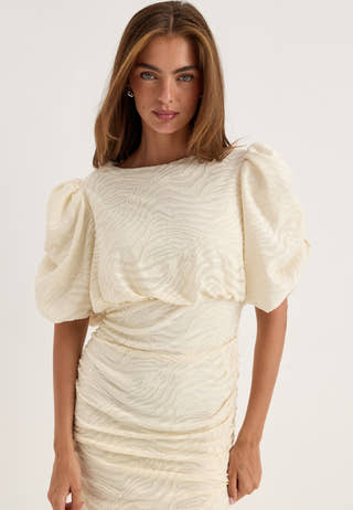 Ruched Puff Sleeve Dress White