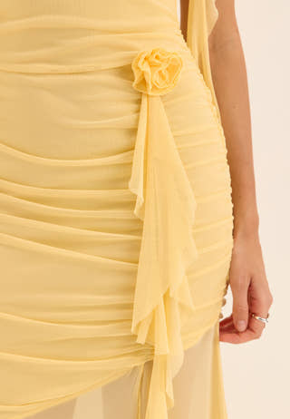 Ruched Frill Ankle Dress Yellow