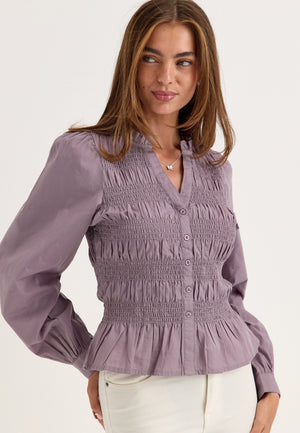 V-neck Cotton Smock Blouse Purple