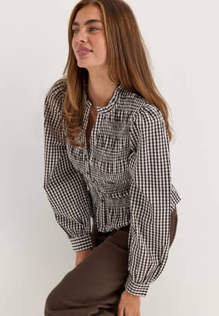 V-neck Cotton Smock Blouse Patterned