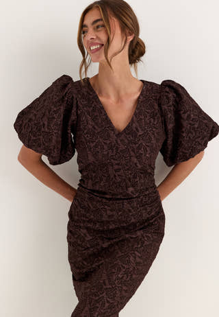 Puff Sleeve Jacquard Midi Dress Brown
