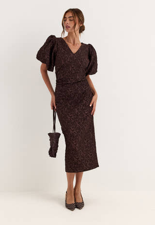Puff Sleeve Jacquard Midi Dress Brown