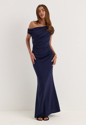 Asymmetric Draped Maxi Dress Blue