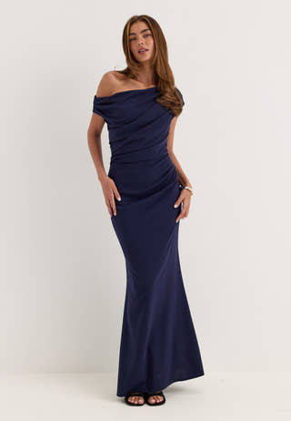 Asymmetric Draped Maxi Dress Blue