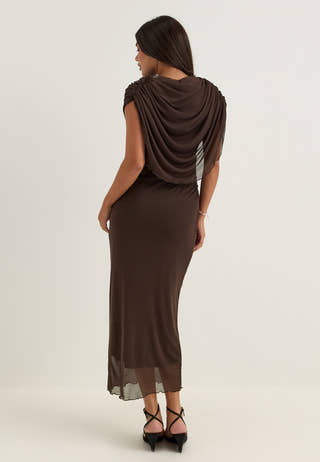 Cape Mesh Ankle Dress Brown