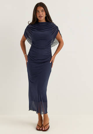 Cape Mesh Ankle Dress Blue