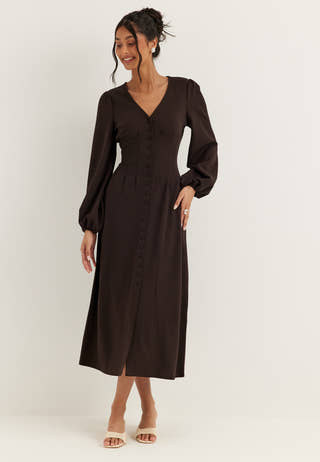 Midi Button Volume Sleeve Dress Brown