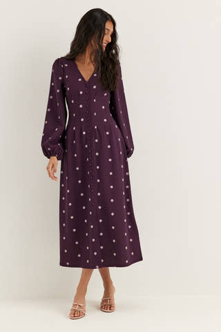 Midi Button Volume Sleeve Dress Purple
