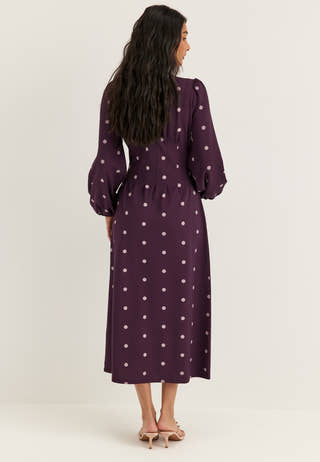 Midi Button Volume Sleeve Dress Purple