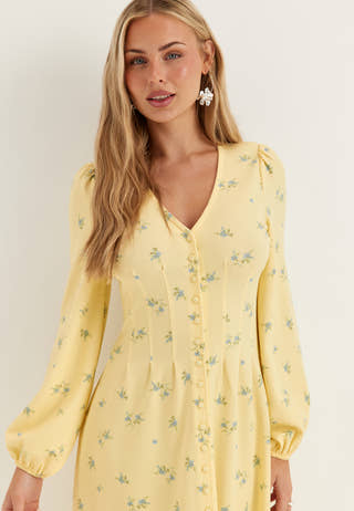 Midi Button Volume Sleeve Dress