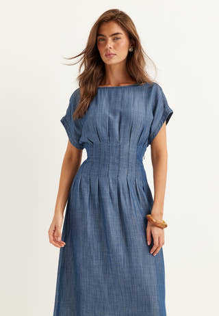 Denim Pleated Midi Dress
