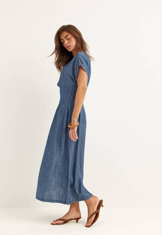 Denim Pleated Midi Dress