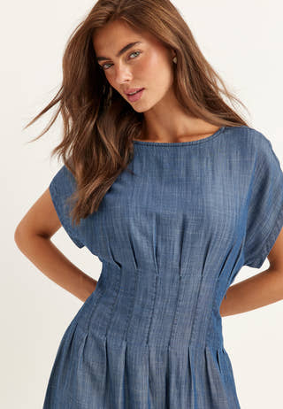 Denim Pleated Midi Dress