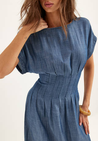 Denim Pleated Midi Dress
