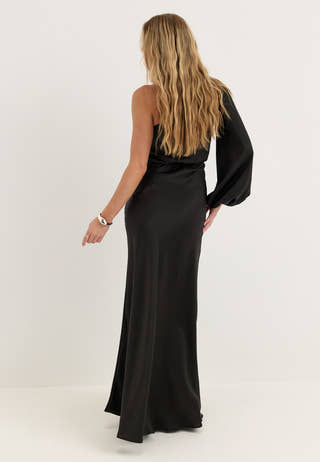 One Shoulder Satin Gown Black