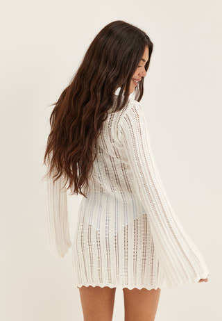 Boat Neck Structure Knitted Short Dress