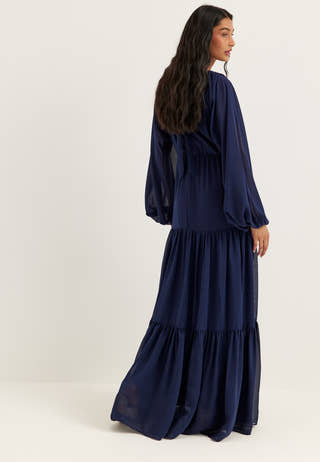 Batwing Chiffon Tiered Maxi Dress Blue