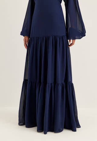 Batwing Chiffon Tiered Maxi Dress Blue