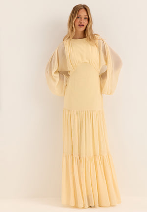 Batwing Chiffon Tiered Maxi Dress Yellow