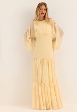 Batwing Chiffon Tiered Maxi Dress Yellow