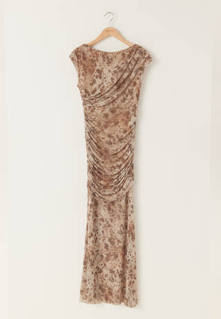 Ruched Asymmetric Mesh Ankle Dress