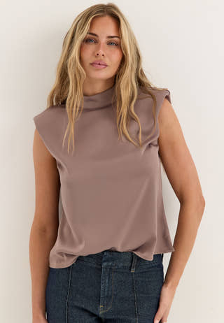 Cap Sleeve Satin Blouse Beige