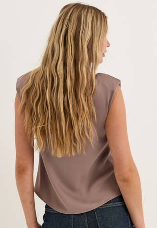 Cap Sleeve Satin Blouse Beige