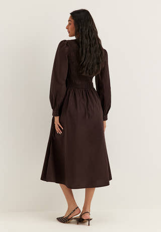 V-neck Cotton Smock Dress Brown