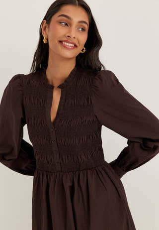 V-neck Cotton Smock Dress Brown