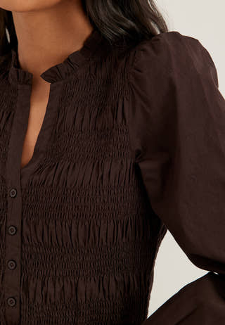 V-neck Cotton Smock Dress Brown