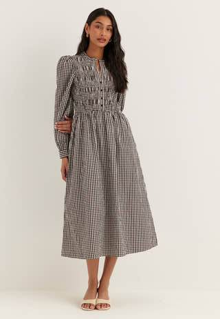V-neck Cotton Smock Dress Patterned